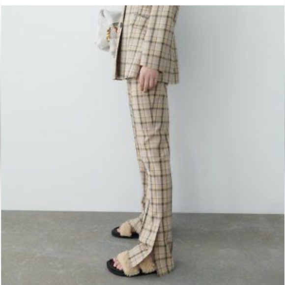 Zara flare pants Checked Plaid Trouser Beige Mid Rise size Xs new - Picture 2 of 10